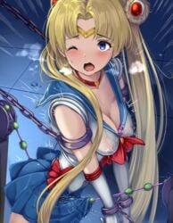 ahegao bead_sex_machine bishoujo_senshi_sailor_moon blonde_hair blue_eyes blue_skirt blush bondage bound bound_wrists breasts breath chains choker circlet cleavage clothing collarbone commentary_request cowboy_shot crescent crescent_earrings derivative_work double_bun earrings elbow_gloves female forced_orgasm gloves hair_over_shoulder heart heart_choker heavy_breathing highres jewelry long_hair looking_at_viewer medium_breasts meme monikano nipple_vibrator nipples nipples_visible_through_clothing one_eye_closed open_mouth orgasm_factory pokies pussy_juice red_choker sailor_moon sailor_moon_redraw_challenge school_uniform screencap_redraw see-through see-through_clothing serafuku sex_machine skirt solo sweat trembling twintails twitching usagi_tsukino very_long_hair vibrator vibrators_on_nipples wet wet_clothes