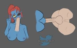 1boy 1girls anthro areolae azurtaker_(artist) balls blowjob_face breasts disembodied_penis duo eye_patch eyewear fellatio female genitals gesture hi_res human humanoid male mammal nipples oral penile penis ponytail red_hair sex straight teeth toothy_fellatio undertale undyne v_sign video_games