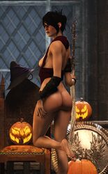 1girls 3d 3d_(artwork) areolae ass athletic athletic_female barefoot bioware black_fingernails black_hair black_nails blush bottomless breasts breasts_out bubble_butt busty dragon_age dragon_age_origins erect_nipples feet female female_focus female_only halloween hourglass_figure long_fingernails long_hair loose_shirt makeup morrigan_(dragon_age) nail_polish nipples pinup pinup_pose pose posing rear_view sideboob small_breasts soles solo source_filmmaker staff tied_hair wide_hips wildynsfw witch witch_hat