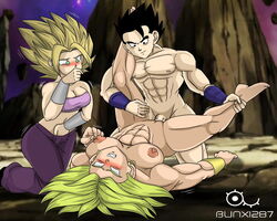 1boy 2girls big_breasts blinx1287 caulifla dragon_ball dragon_ball_super female green_hair kale kale_(berserker) legendary_super_saiyan male multiple_girls muscular_female muscular_male penetration saiyan sex son_gohan super_saiyan yellow_hair