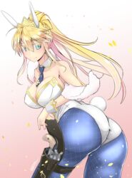 2019 ahoge animal_ears artoria_pendragon artoria_pendragon_(lancer) artoria_pendragon_(swimsuit_ruler) ass bangs bare_shoulders big_ass blonde_hair blue_eyes blue_legwear braid breasts bunny_ears bunny_girl bunny_tail bunnysuit cleavage clothed clothing cowboy_shot detached_collar fake_animal_ears fate/grand_order fate_(series) female female_only firearm french_braid fur_trim gun hair_between_eyes handgun highres holster large_breasts leotard long_hair looking_at_viewer pantyhose pistol ponytail revolver sidelocks simple_background solo swept_bangs tagme tokihama_jirou weapon wrist_cuffs wristwear