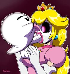 1boy 1girls ball_fondling balls big_lips bimbo blonde_hair boo_(mario) clothed_sex clothing enemy_conversion fellatio female floating ghost glowing_eyes hyper_flannel interspecies long_hair male mario_(series) mask nintendo open_mouth oral penetration penis precum princess_peach saliva shy_gal_(cosplay) shygalization testicles