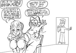 artoria_pendragon ass_slap big_breasts caught caught_in_the_act crossover cucked_by_anthro doggy_style english_text fate/grand_order fate/stay_night fate_(series) female from_behind garfield_(series) garfield_the_cat humor jon_arbuckle male netorare saber sex slapping_ass slapping_butt smile text zoophilia