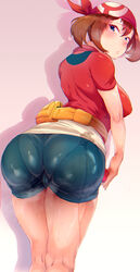 1girls aged_up alternate_breast_size ass bag bandana belt big_ass bike_shorts blue_eyes blush brown_hair eye_contact female female_only half-closed_eyes heavy_breathing huge_breasts human large_ass large_breasts leggings looking_at_viewer looking_back may_(pokemon) nintendo panties panties_visible_through_clothing pantylines pokemon pokemon_rse see-through shirt short_hair shorts sideboob smell solo standing sweat thick_ass thick_thighs thighs tight_clothing tight_shorts wet wet_clothes wide_hips y0u0k