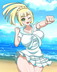 1girls alternate_hairstyle beach big_breasts blonde_hair breasts eye_contact female fully_clothed green_eyes happy lillie_(pokemon) long_hair looking_at_viewer nintendo one_eye_closed pokemon pokemon_sm ponytail solo standing thick_thighs wide_hips yensh