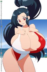 1girls aged_up beach black_hair breast_expansion breasts cleavage collarbone deviantart_username eyelashes female female_only gigantic_breasts hand_over_breast hands_on_breasts hips huge_breasts kojiro-brushard long_hair long_ponytail looking_at_viewer newgrounds_username ocean one-piece_swimsuit original original_character patreon_url patreon_username ponytail red_eyes ripped_clothing round_ears sideboob solo solo_female thighs torn_clothes very_long_hair wynn_(kojiro-brushard)