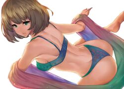 ass barefoot blue_lingerie blue_underwear bra breasts brown_hair green_eyes idolmaster idolmaster_cinderella_girls lingerie panties short_hair takagaki_kaede the_idolm@ster_cinderella_girls underboob underwear