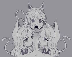 1boy 3girls absurdres animal_ear_fluff animal_ears blush cerberus_(helltaker) collaborative_fellatio collared_shirt cum cum_in_mouth cumdrip demon_girl demon_tail dog_ears dog_girl erection eyebrows_visible_through_hair facial fellatio grey_background greyscale group_sex helltaker highres large_penis licking licking_penis looking_at_viewer lythdraws monochrome multiple_fellatio multiple_girls open_eyes oral penis pov shirt simple_background straight tail teamwork tongue tongue_out uncensored white_hair