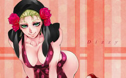 1girls 2013 all_fours apron ass baba_kanade bandana bare_shoulders battle_tendency blonde_hair breasts cleavage dark_persona earrings erect_nipples esidisi female flower green_eyes heels human jojo's_bizarre_adventure large_breasts light-skinned_female light_skin long_hair looking_at_viewer naked_apron possessed rose scar shounen_jump simple_background smile solo suzi_q thighs vein