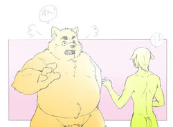 2020 anthro ass belly blush canid canine canis domestic_dog duo genitals humanoid_hands inunoshippo kemono male male_only mammal moobs overweight overweight_male penis simple_background