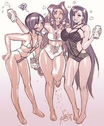 3girls aerith_gainsborough alcohol beer bikini drunk feet final_fantasy final_fantasy_vii final_fantasy_vii_remake juice large_breasts long_hair medium_breasts multiple_girls negarobo robaato robert_porter short_hair small_breasts swimsuit thighs tifa_lockhart wide_hips yuffie_kisaragi