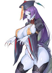 absurdres areola_slip areolae blue_skin bondage breasts closed_mouth colored_skin covered_nipples fate/grand_order fate_(series) female fingernails grey_headwear grey_legwear hat highres jiangshi large_breasts long_fingernails long_hair long_sleeves minamoto_no_raikou_(fate/grand_order) pork_belly_(artist) puffy_sleeves purple_eyes purple_hair red_nails red_pupils red_rope rope sharp_fingernails simple_background solo talisman very_long_fingernails very_long_hair white_background wide_sleeves