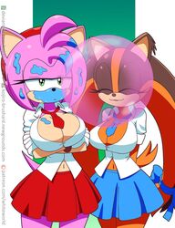 2girls amy_rose anthro blowing_bubblegum bubble_gum cleavage female female_only kojiro-brushard long_twintails multiple_girls sega sonic_(series) sonic_boom sticks_the_badger sticks_the_jungle_badger sticks_the_tejon