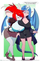 2girls anthro asymmetrical_docking breasts cleavage female female_only glasses huge_breasts kojiro-brushard linda_the_mouse multiple_girls original original_character red_eyes red_hair text_bubble wings