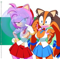 amy_rose blowing_bubblegum bubble_gum cleavage female female_only kojiro-brushard long_twintails sega skirt sonic_(series) sonic_boom sticks_the_badger sticks_the_jungle_badger sticks_the_tejon