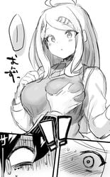 1boy 1boy1girl 1girls ahoge akamatsu_kaede big_breasts black_and_white black_hair blonde_hair blush breast_grab comic danganronpa danganronpa_v3 embarrassed groping groping_from_behind hair_ornament hairclip hairpin japanese_text large_breasts monochrome new_danganronpa_v3 saihara_shuuichi school_uniform schoolgirl straight_hair surprised suurin_(ksyaro) sweat sweatdrop sweater sweating teenager