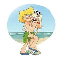 2girls beach blonde_hair breasts female female_only leni_loud looking_at_viewer lori_loud multiple_girls nipples psyto sandals siblings sisters smile straight_hair sunglasses_on_head the_loud_house