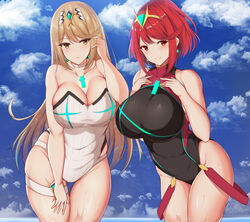 2girls adjusting_hair bangs blonde_hair blue_sky blush breasts chest_jewel choker cleavage cleavage_cutout cloud cloudy_sky collarbone cowboy_shot day dual_persona eyebrows_visible_through_hair gem hand_on_own_chest headpiece highleg highleg_swimsuit highres large_breasts light_brown_eyes light_brown_hair long_hair looking_at_viewer medium_hair multiple_girls multiple_persona mythra nintendo noeomi one-piece_swimsuit outdoors pyra red_eyes red_hair shoulder_armor skindentation sky swept_bangs swimsuit thick_thighs thigh_gap thigh_strap thighs tiara white_choker white_swimsuit xenoblade_(series) xenoblade_chronicles_2 yellow_eyes