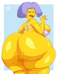 1girls adultart_(artist) bbw big_ass big_butt bra butt_crack censored cigarette dat_ass earrings female female_only huge_ass purple_hair selma_bouvier the_simpsons voluptuous yellow_skin