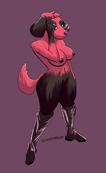 absurd_res animal_crossing anthro big_breasts breasts canid canine canis cherry_(animal_crossing) domestic_dog female fur hi_res loodlenoodleart mammal nintendo nipple_piercing nipples piercing red_body red_fur simple_background solo video_games