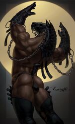 anthro ass back brown_skin bulge equine furry gloves horse leather loonyellie male male_only mask muscles muscular muscular_male pose solo tail thong