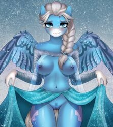 anthro areola blush bottomwear braided_hair braided_ponytail breasts casual_nudity clitoris clitoris_piercing clothing clothing_lift cosplay costume cutie_mark disney dress elsa_(cosplay) equid equine fan_character female frozen_(film) furry genital_piercing genitals hair hi_res icy_heart looking_at_viewer mammal my_little_pony navel nipple_piercing nipples nude pegasus piercing pubes pussy pussy_piercing rexiwiksi skirt skirt_lift snow solo thigh_gap wings