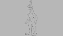 16:9 2020 anthro breasts chest_tuft female genitals grey_background hair inner_ear_fluff lagomorph leporid looking_up mammal monochrome navel nipples nude open_mouth pussy rabbit simple_background solo standing tuft watsup widescreen