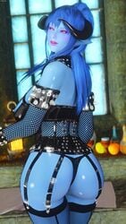 3d animated ass big_ass big_breasts blue-skinned_female blue_hair blue_skin corset daedric_pei_(skyrim) garter_straps horns latex lingerie sexybono skyrim succubus the_elder_scrolls thong video