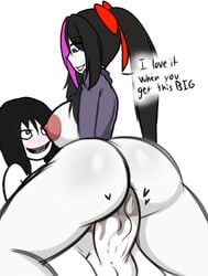 anal anus ass balls big_ass black_hair blue_eyes blush breasts clothing cowgirl_position creepypasta english english_text heart huge_ass huge_breasts huge_cock jeff_the_killer long_hair nina_the_killer nipples open_mouth pale_skin penetration penis sex smile straight text thick_thighs wet