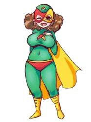 1girls big_breasts bodega_aurrera boots breasts brown_hair cape clothing curly_hair grabbing_own_breast green_clothing half-closed_eyes human large_breasts mama_lucha mascot meme png shiny_clothes solo superheroine tagme_(artist) thick_thighs thigh_highs thighs tight_clothes transparent_background walmart