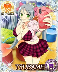 between_breasts big_breasts blush bra breasts card_(medium) emblem female female_only gray_hair green_eyes gyaru hair_ribbon hairbow heart navel peace_sign plaid_bra school_uniform senran_kagura senran_kagura_new_wave smartphone smile solo tongue_out tsubame_(senran_kagura) twintails underwear