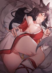 1girls ahri artist_request ass ass_grab big_ass big_breasts black_hair blush breasts clothed clothes clothing face_markings female fox fox_ears fox_girl fox_tail gray_fur kimono kitsune kumiho league_of_legends makeup multiple_tails nail_polish nails naughty_face pink_lipstick pussy pussy_outside red_eyeshadow red_nail_polish red_nails riot_games vagina white_fur white_skin white_tail yellow_eyes