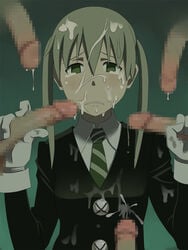 1girls 5boys bukkake clothing crying cum cum_in_hair cum_on_body cum_on_clothes cum_on_clothing cum_on_face cum_on_hair double_handjob gloves handjob ice_place maka_albarn penis soul_eater surrounded_by_penises tears tied_hair twintails