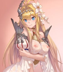 3: ahoge armor bare_shoulders blonde_hair blue_eyes breasts detached_sleeves dress eyebrows_visible_through_hair female flower gradient gradient_background granblue_fantasy hair_between_eyes hair_flower hair_intakes hair_ornament hand_on_own_arm highres jeanne_d'arc_(granblue_fantasy) jewelry nipples pink_background see-through solo tekkai_blade wet wet_clothes white_dress