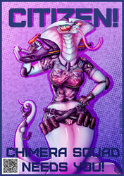 5_fingers agent_torque anthro armor badge bottomwear breastplate breasts cameltoe claws clothed clothing english_text eyewear female fingers forked_tongue glasses gloves hand_on_hip handcuffs handwear holding_object holding_weapon looking_at_viewer naga name_tag non-mammal_breasts qr_code reptile scalie serpentine shackles smile snake snake_hood solo standing text tongue tongue_out topwear uniform video_games viper_(x-com) waist_accessory weapon weapon_on_shoulder whitefolex x-com x-com:_chimera_squad