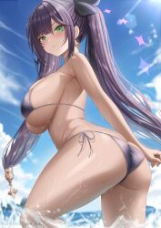 1girls abp_art aged_up alternate_breast_size ass beach big_ass bikini black_hair breasts female genshin_impact huge_ass huge_breasts large_ass large_breasts light-skinned_female light_skin long_hair mona_(genshin_impact) outdoors purple_bikini twintails