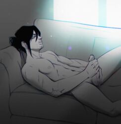 balls beating beating_meat beating_off black_hair closed_eyes erection facial_hair jacking_off jerking jerkingoff looking_pleasured lying_on_back lying_on_couch male male_masturbation male_nipples male_only masturbating masturbation my_hero_academia nude nude_male penile_masturbation penis precum precum_bubble rubbing_one_out scars shouta_aizawa solo stroking stroking_cock stroking_penis