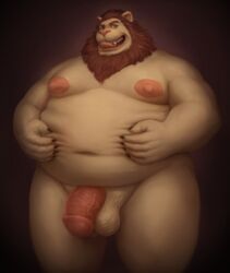 anthro balls belly dagapuff felid genitals lion male male_only mammal navel nipples nude overweight overweight_male pantherine penis smile solo teeth tongue tongue_out