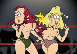 2girls agnes_johnson areola areolae big_breasts blonde_hair boxing_ring breast_slap breasts busty curvy duo earrings eyeshadow face_slapping_breasts female female_only fight fighting_ring hair_pull half-closed_eyes hourglass_figure huge_breasts ilpanza large_breasts milf multiple_girls nipples panties red_hair rita_loud straight_hair the_loud_house thick_thighs thighs thin_waist topless wide_hips