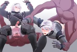 2021 balls blue_eyes blush censor_bar censored censored_anus censored_penis cum_while_penetrated dark-skinned_male dark_skin gay gradient_background male male_only nemo_(insignis_b) nier nier_(character) nier_(series) nier_replicant nude nude_male one_eye_closed simple_background teeth teeth_clenched testicles twink white_background white_hair yaoi