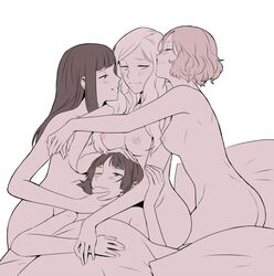 4girls ann_takamaki arms_around_neck ass bangs bed bed_sheet blanket blunt_bangs blush blushing breasts closed_eyes closed_mouth cover cuddling eye_contact female female_only foursome hair_down half-closed_eyes harem haru_okumura hifumi_togo highres hime_cut hug human human_only imminent_kiss large_breasts long_hair looking_at_another looking_at_viewer looking_up lying makoto_niijima medium_breasts multiple_females multiple_girls mutual_yuri naked nipples nude on_back on_bed one_eye_closed pale_skin parted_lips persona persona_5 petting pillow radiostarkiller romantic short_hair sideboob simple_background sitting smile swept_bangs under_covers white_background wholesome wince yuri