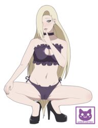 1girls blonde_hair blue_eyes breasts cleavage_cutout female female_only finger_to_mouth footwear hair_over_one_eye heels high_heels ino_yamanaka long_hair looking_at_viewer naruto naruto:_the_last naruto_(series) pink_lips pussy_outline seelenkaetzchen squatting underwear very_long_hair