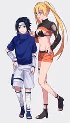 1boy 1girls bettybebe_09 bikini black_hair blonde_hair canon_genderswap clothing female fully_clothed genderbend kunoichi naruko naruto naruto_(classic) naruto_shippuden ninja revealing_clothes rule_63 sandals sasuke_uchiha uzumaki_naruto