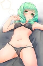 armpit_peek azuma_hiryu bare_thighs bed_sheet black_bra black_panties blush bra breasts cameltoe cleavage drill_hair female fire_emblem fire_emblem:_three_houses flayn_(fire_emblem) green_eyes green_hair groin highres looking_at_viewer lying medium_breasts medium_hair nabatean_(fire_emblem) navel nintendo on_back outstretched_arm panties parted_lips simple_background solo spread_legs twin_drills underwear underwear_only white_background