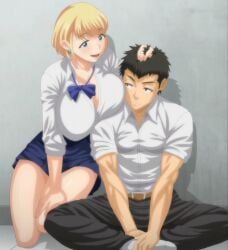 between_legs breasts completely_nude cum cumdrip hajimete_no_hitozuma hand_between_legs holding_hands huge_breasts kawai_(hajimete_no_hitozuma) kawai_satomi moaning nude ribbon school_uniform shinozuka_yuuji sitting skirt smile