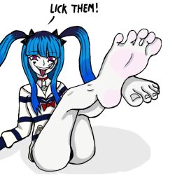 1girls blue_hair darumi_amemiya english_text facepaint feet foot_fetish pale_skin purple_eyes the_hundred_line_-last_defense_academy- toes tongue tongue_out