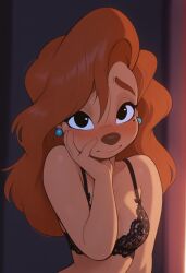 ai_generated anthro bedroom_eyes black_nose breasts canid canine canis disney domestic_dog eyeshadow female freckles goof_troop hair hair_over_eye hi_res huge_breasts mammal medium_breasts nude_female partially_clothed presenting red_hair roxanne_(goof_troop)