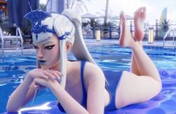 blue_fingernails dais1984 feet feet_up foot_fetish mizuki_(fortnite) pool poolside swimsuit swimwear white_hair