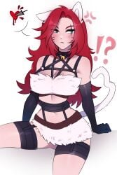 1girls 2d ashhy averting_eyes bell belly blue_eyes blush cat_ears cat_tail catgirl chest clothed collar embarrassed embarrassed_female face_markings female female_only fluffy fur gloves harness katarina_du_couteau kitty_cat_katarina league_of_legends light-skinned_female light_skin looking_away red_hair riot_games solo tagme thighs white_background