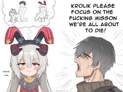 1boy 2girls all_fours animal_ears blush_stickers body_armor character_name closed_mouth commander_(girls'_frontline) commentary crying crying_asagiri_aya_(meme) cuck_chair_(meme) cuckquean doggy_style english_commentary english_text fake_animal_ears girls'_frontline girls'_frontline_2:_exilium grey_hair hair_between_eyes highres imagining krolik_(girls'_frontline_2) long_hair looking_at_viewer mechanical_ears meme multiple_girls multiple_views nemesis_(girls'_frontline_2) on_chair open_mouth rabbit_ears red_eyes sex sex_from_behind simple_background smart_oval smile smug speech_bubble straight teeth thought_bubble upper_body white_background